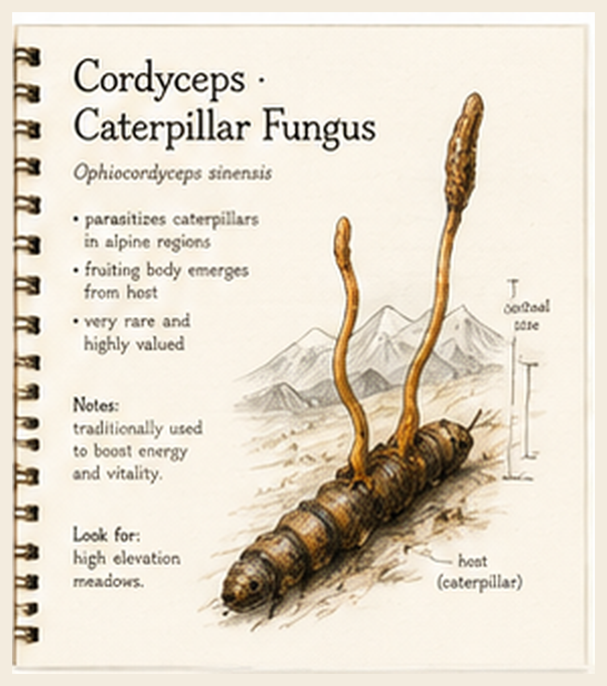 Cordyceps · Caterpillar Fungus journal sketch plate