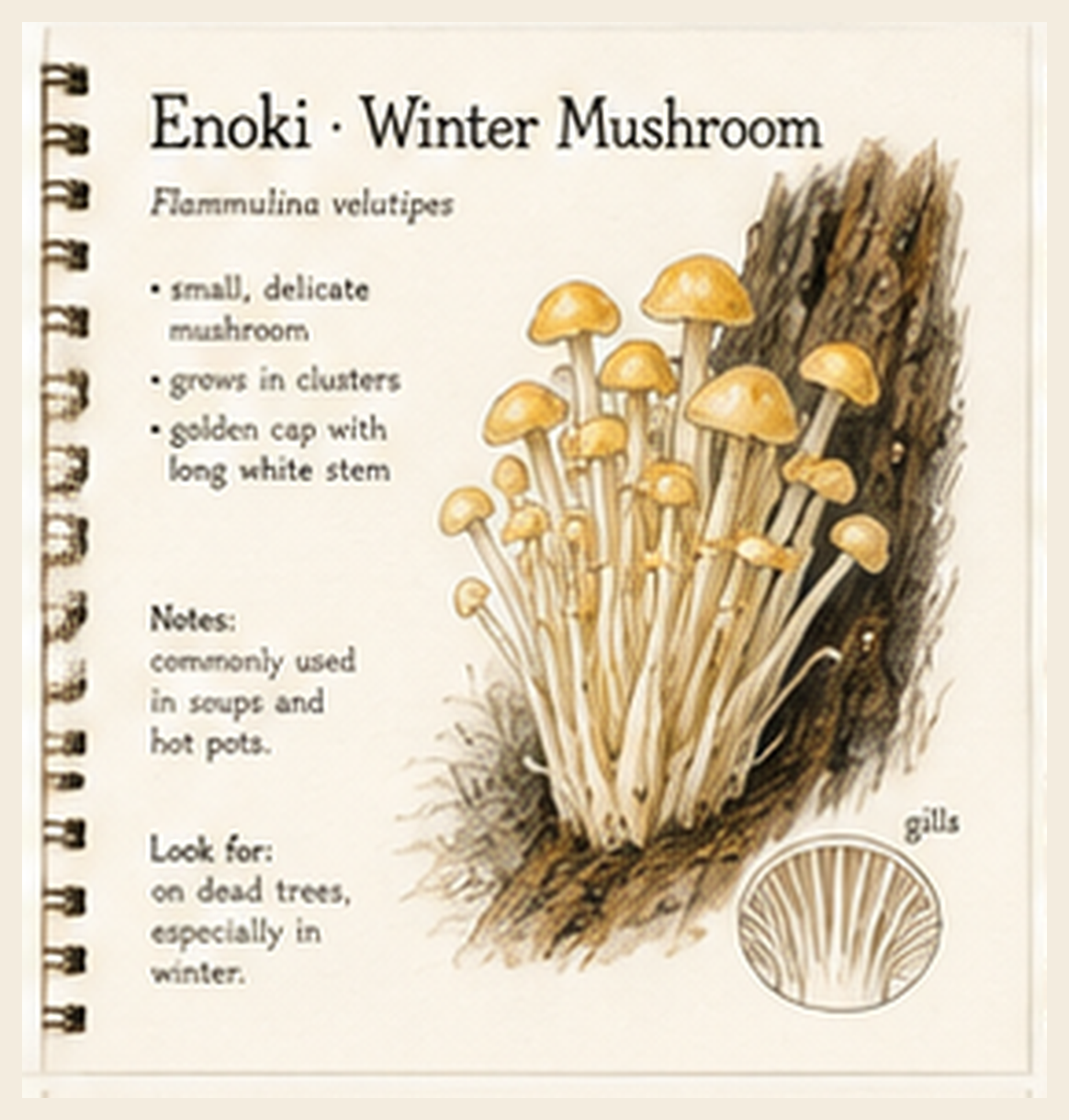 Enoki · Winter Mushroom journal sketch plate